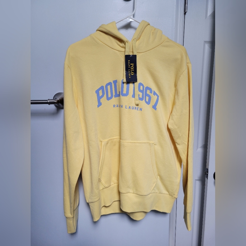 Polo Ralph Lauren Hoodie Mens Medium Yellow Logo Front Fleece Hooded Sweatshirt